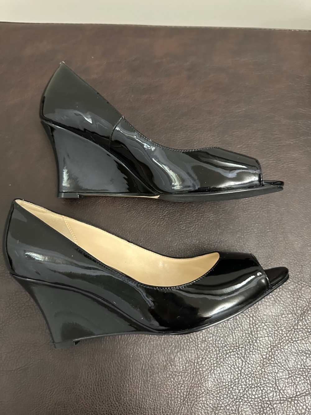 Sz 7.5 New Cole Haan Black Patent Peep Toe Wedge Heels.